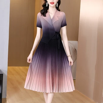 2023 Летняя Новая Плиссированная юбка Sanzhai с градиентным воротником средней длины для костюма, Плиссированная юбка, Приталенный крой, короткий рукав, платье большого размера