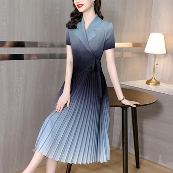 2023 Летняя Новая Плиссированная юбка Sanzhai с градиентным воротником средней длины для костюма, Плиссированная юбка, Приталенный крой, короткий рукав, платье большого размера 3