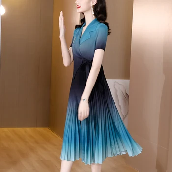 2023 Летняя Новая Плиссированная юбка Sanzhai с градиентным воротником средней длины для костюма, Плиссированная юбка, Приталенный крой, короткий рукав, платье большого размера 5