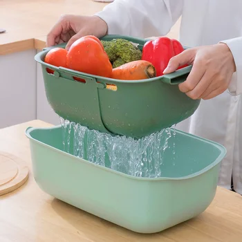 Двухслойная сливная корзина, креативная Многофункциональная Кухонная сливная коробка с крышкой, Квадратная Пластиковая корзина для мытья овощей и фруктов