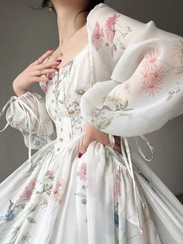 Летнее элегантное длинное платье для женщин, платье для выпускного вечера с цветочным принтом, женское модное французское шифоновое платье с длинным рукавом, платье принцессы Vestidos