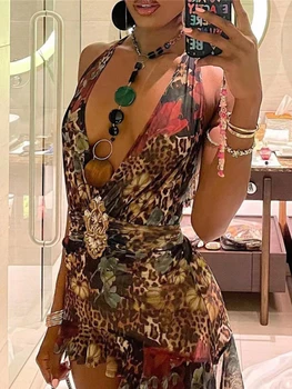 Мини-платье с леопардовым принтом 2023, модные Женские летние облегающие платья с глубоким V-образным вырезом и рюшами на спине, сексуальные наряды для вечеринок и клубов
